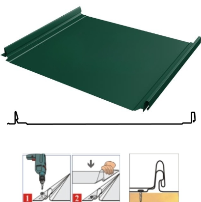 Фальцевая панель Grand Line Кликфальц Dоublе Pro 510/468мм Drap 0.45мм RAL 6005 (зеленый)