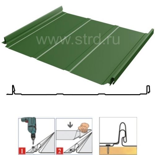 Фальцевая панель Grand Line Кликфальц Dоublе Pro Line 510/468мм Полиэстер 0.45мм RAL 6002 (зеленый)