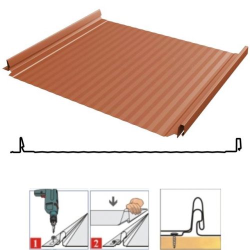 Фальцевая панель Grand Line Кликфальц Pro Gofr 517/470мм PurLite matt 0.5мм RAL 8004 (кирпичный)