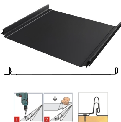 Фальцевая панель Grand Line Кликфальц Dоublе Pro 510/468мм Drap ST 0.45мм RAL 9005 (черный)