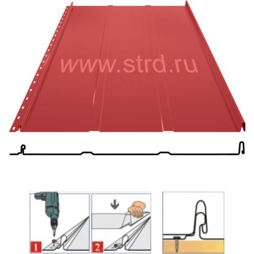 Фальцевая панель Grand Line Кликфальц Line 542/510мм Satin 0.5мм RAL 3011 (красный)