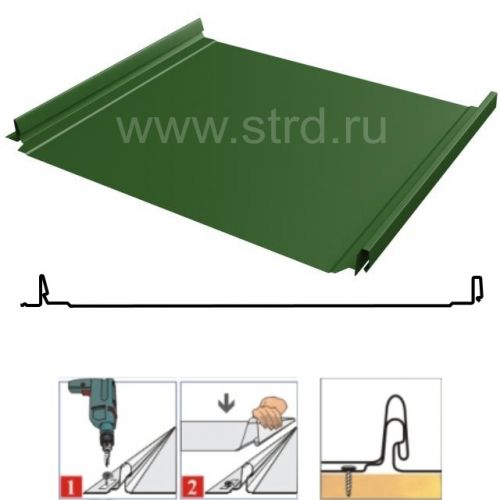 Фальцевая панель Grand Line Кликфальц Pro 517/470мм Полиэстер 0.45мм RAL 6002 (зеленый)