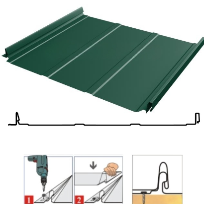 Фальцевая панель Grand Line Кликфальц Pro Line 517/470мм PurLite matt 0.5мм RAL 6005 (зеленый)