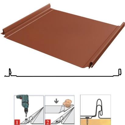 Фальцевая панель Grand Line Кликфальц Dоublе Pro 510/468мм PurLite matt 0.5мм RAL 8004 (кирпичный)