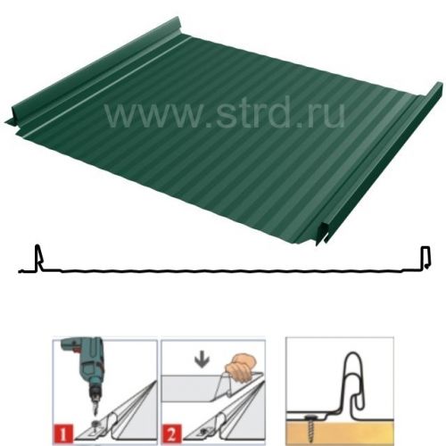 Фальцевая панель Grand Line Кликфальц Pro Gofr 517/470мм Полиэстер 0.5мм RAL 6005 (зеленый)