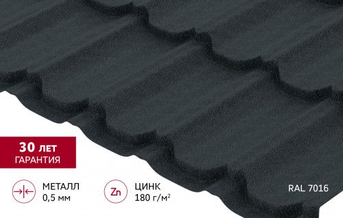 Металлочерепица "Квинта плюс" ("Kvinta plus") 0,5 PurLite матовый RAL 7016 антрацитово-серый