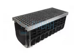 Лоток водоотводный пластиковый Aquastok Profi DN300 Н530 E600 в комплекте с решеткой чугунной (1316E)