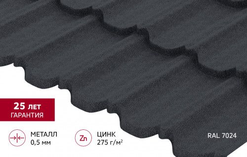 Металлочерепица "Квинта Уно" ("Kvinta Uno") 0,5 Velur RAL 7024 мокрый асфальт