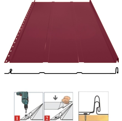 Фальцевая панель Grand Line Кликфальц Line 542/510мм Satin 0.5мм RAL 3005 (вишневый)