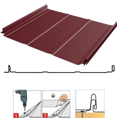 Фальцевая панель Grand Line Кликфальц Dоublе Pro Line 510/468мм PurLite matt 0.5мм RAL 3005 (вишневый)