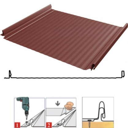Фальцевая панель Grand Line Кликфальц Pro Gofr 517/470мм Satin 0.5мм RAL 3009 (красный)