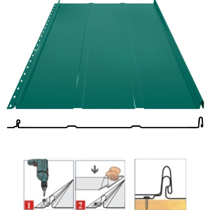 Фальцевая панель Grand Line Кликфальц Line 542/510мм Satin matt TX 0.5мм RAL 6005 (зеленый)
