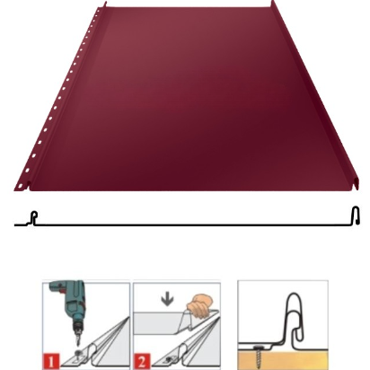 Фальцевая панель Grand Line Кликфальц Mini 340/305мм Satin matt 0.5мм RAL 3005 (вишневый)