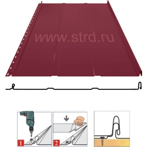 Фальцевая панель Grand Line Кликфальц Line 542/510мм Satin matt 0.5мм RAL 3005 (вишневый)