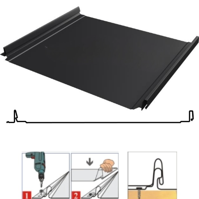Фальцевая панель Grand Line Кликфальц Pro 517/470мм Satin matt 0.5мм RAL 9005 (черный)