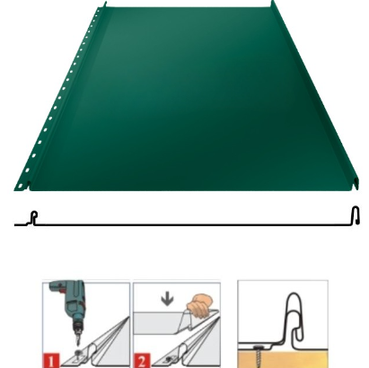 Фальцевая панель Grand Line Кликфальц Mini 340/305мм PurLite matt 0.5мм RAL 6005 (зеленый)