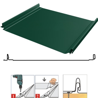 Фальцевая панель Grand Line Кликфальц Pro 517/470мм Satin matt TX 0.5мм RAL 6005 (зеленый)