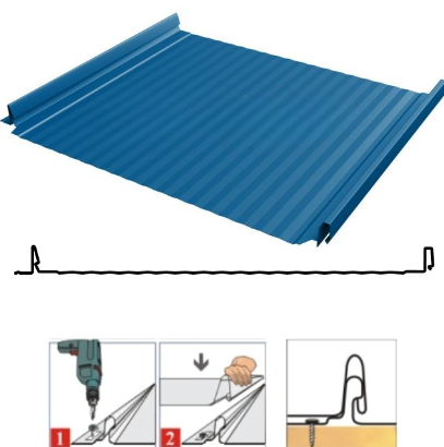 Фальцевая панель Grand Line Кликфальц Pro Gofr 517/470мм Satin 0.5мм RAL 5005 (синий)