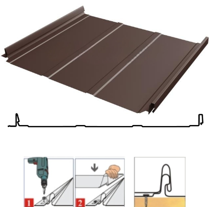 Фальцевая панель Grand Line Кликфальц Dоublе Pro Line 510/468мм Drap TR 0.45мм RAL 8017 (коричневый)