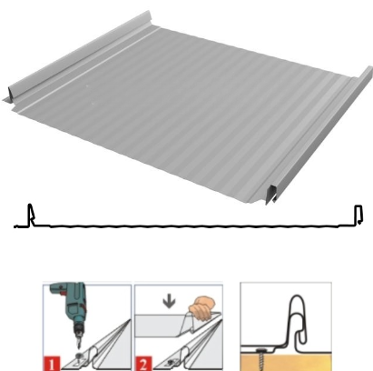 Фальцевая панель Grand Line Кликфальц Pro Gofr 517/470мм Satin 0.5мм RAL 7004 (серый)