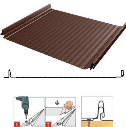 Фальцевая панель Grand Line Кликфальц Pro Gofr 517/470мм Rooftop Бархат (Rooftop Matte) 0.5мм RAL 8017 (коричневый)