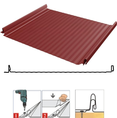 Фальцевая панель Grand Line Кликфальц Pro Gofr 517/470мм Satin 0.5мм RAL 3011 (красный)