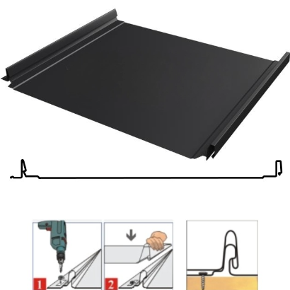 Фальцевая панель Grand Line Кликфальц Dоublе Pro 510/468мм Drap TX 0.45мм RAL 9005 (черный)