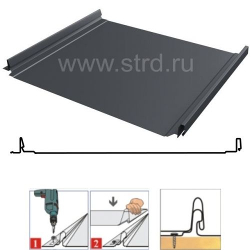 Фальцевая панель Grand Line Кликфальц Pro 517/470мм Drap TR 0.45мм RAL 7024 (серый)