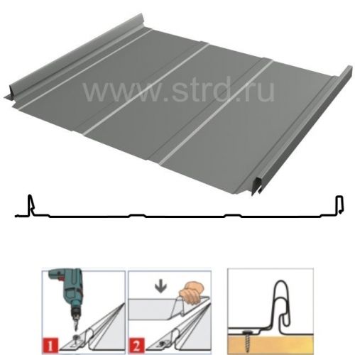 Фальцевая панель Grand Line Кликфальц Pro Line 517/470мм Полиэстер 0.45мм RAL 7005 (серый)