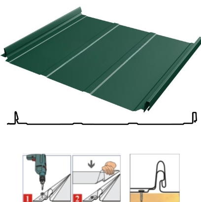 Фальцевая панель Grand Line Кликфальц Dоublе Pro Line 510/468мм PurLite matt 0.5мм RAL 6005 (зеленый)