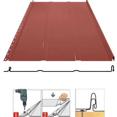Фальцевая панель Grand Line Кликфальц Line 542/510мм Satin 0.5мм RAL 3009 (красный)