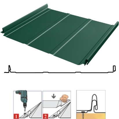 Фальцевая панель Grand Line Кликфальц Dоublе Pro Line 510/468мм Drap 0.45мм RAL 6005 (зеленый)