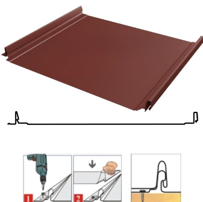Фальцевая панель Grand Line Кликфальц Dоublе Pro 510/468мм Satin 0.5мм RAL 3009 (красный)