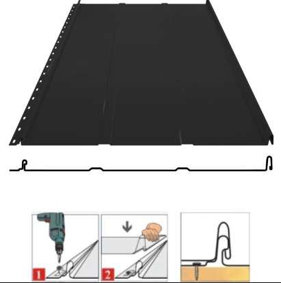 Фальцевая панель Grand Line Кликфальц Line 542/510мм Rooftop Бархат (Rooftop Matte) 0.5мм RAL 9005 (черный)