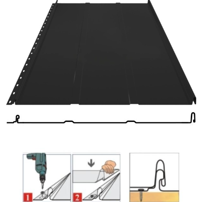 Фальцевая панель Grand Line Кликфальц Line 542/510мм Satin matt 0.5мм RAL 9005 (черный)