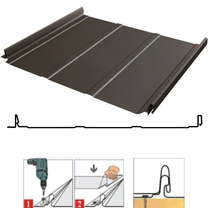 Фальцевая панель Grand Line Кликфальц Dоublе Pro Line 510/468мм Drap TX 0.45мм RR 32 (коричневый)