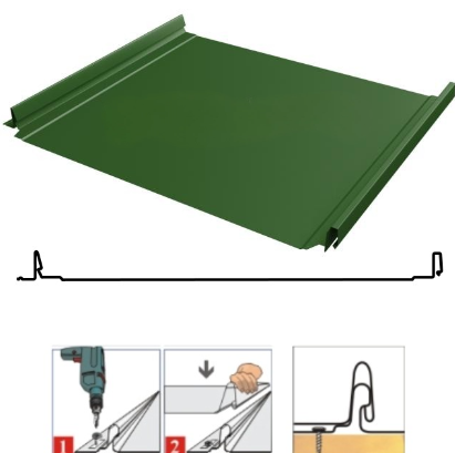 Фальцевая панель Grand Line Кликфальц Dоublе Pro 510/468мм Полиэстер 0.45мм RAL 6002 (зеленый)