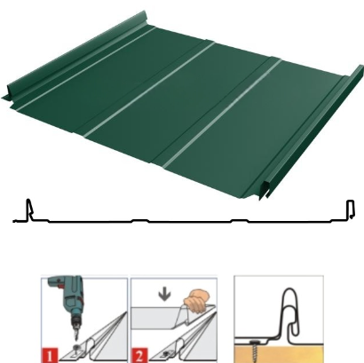 Фальцевая панель Grand Line Кликфальц Dоublе Pro Line 510/468мм Drap TR 0.45мм RAL 6005 (зеленый)