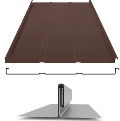 Фальцевая панель ЮджинСТрой фальц двойной стоячий с ребрами 625/520мм Полиэстер матовый 0.5мм RAL 8017 (коричневый)