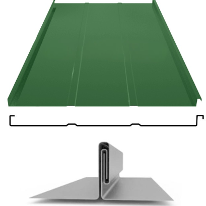 Фальцевая панель ЮджинСТрой фальц двойной стоячий с ребрами 625/520мм Полиэстер 0.5мм RAL 6002 (зеленый)