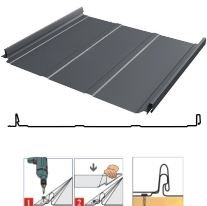 Фальцевая панель Grand Line Кликфальц Dоublе Pro Line 510/468мм Drap TX 0.45мм RAL 7024 (серый)