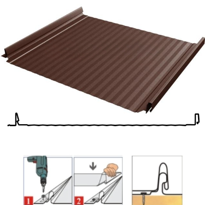 Фальцевая панель Grand Line Кликфальц Pro Gofr 517/470мм PurLite matt 0.5мм RAL 8017 (коричневый)