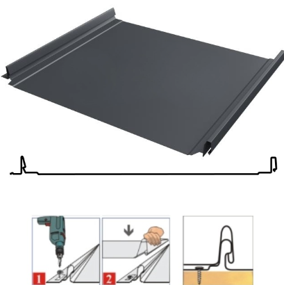 Фальцевая панель Grand Line Кликфальц Dоublе Pro 510/468мм Drap TX 0.5мм RAL 7024 (серый)