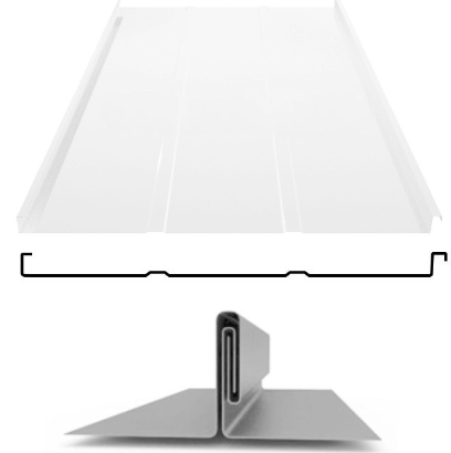 Фальцевая панель ЮджинСТрой фальц двойной стоячий с ребрами 625/520мм Полиэстер 0.5мм RAL 9003 (белый)