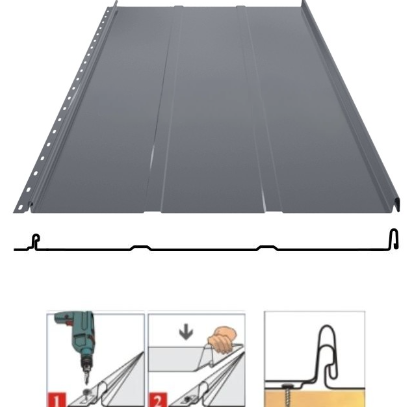 Фальцевая панель Grand Line Кликфальц Line 542/510мм Satin matt TX 0.5мм RAL 7024 (серый)