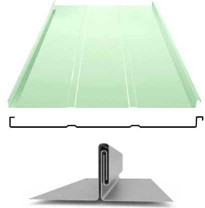 Фальцевая панель ЮджинСТрой фальц двойной стоячий с ребрами 625/520мм Полиэстер 0.5мм RAL 6019 (зеленый)