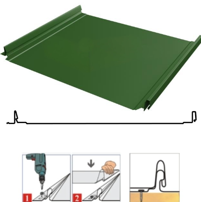 Фальцевая панель Grand Line Кликфальц Pro 517/470мм Полиэстер 0.45мм RAL 6002 (зеленый)