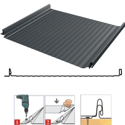 Фальцевая панель Grand Line Кликфальц Pro Gofr 517/470мм Satin matt TX 0.5мм RAL 7016 (серый)
