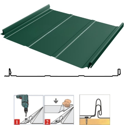 Фальцевая панель Grand Line Кликфальц Dоublе Pro Line 510/468мм Drap ST 0.45мм RAL 6005 (зеленый)