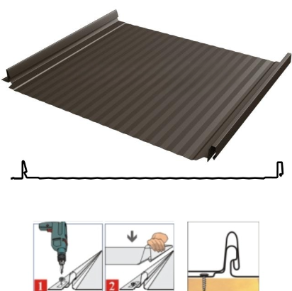 Фальцевая панель Grand Line Кликфальц Pro Gofr 517/470мм GreenCoat Pural BT matt 0.5мм RR 32 (коричневый)